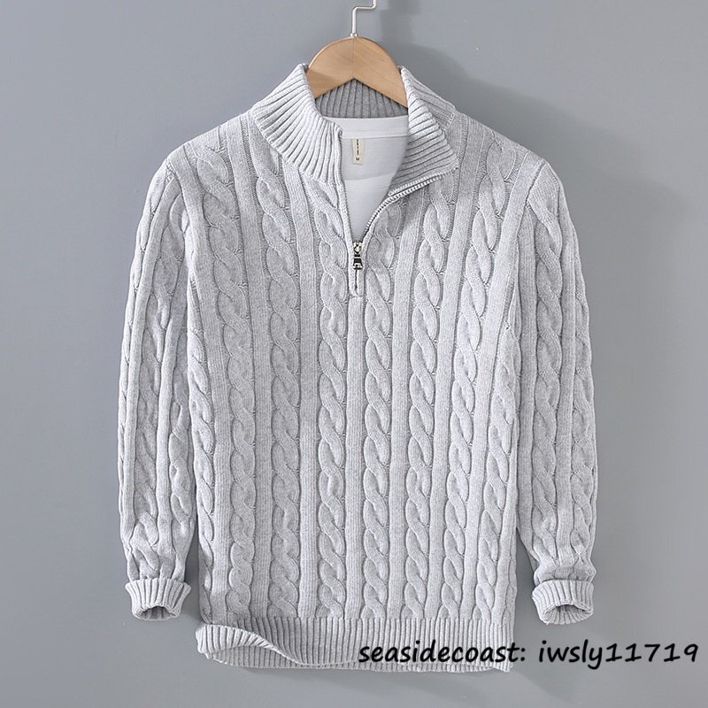 新品◆ニット セーター メンズ 厚手 無地 防寒 立ち襟 ブルゾン 麻編み プルオーバー ハーフジップ コットン 秋冬 上質 グレー 3XL拍卖