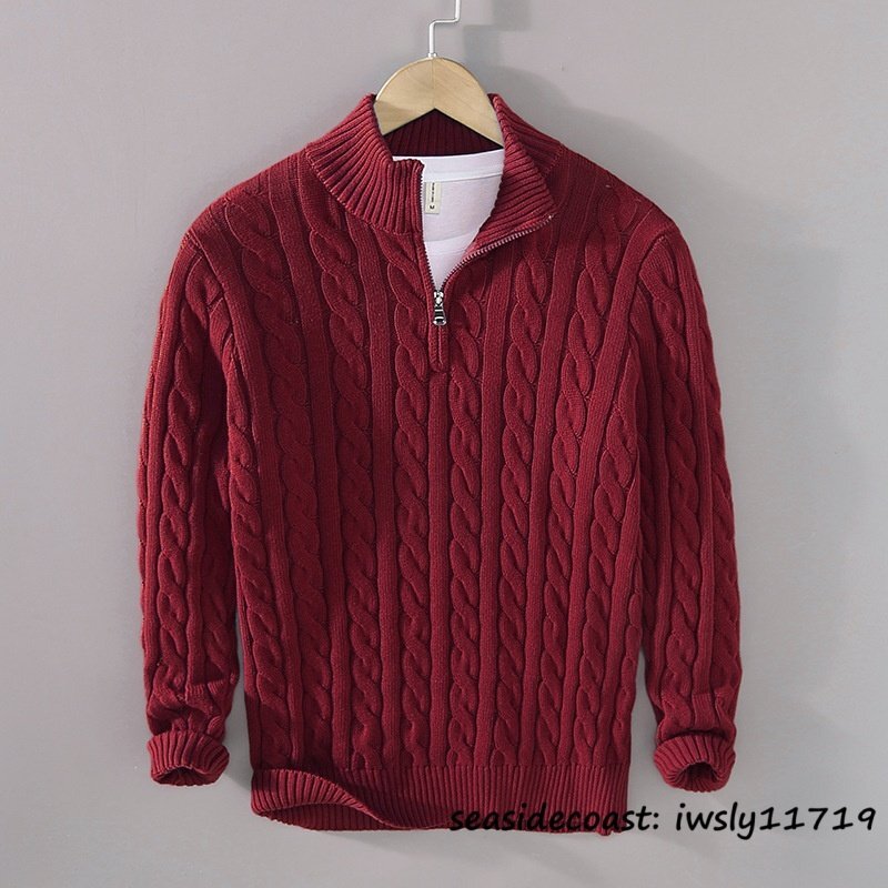 新品◆ニット セーター メンズ 厚手 無地 防寒 立ち襟 ブルゾン 麻編み プルオーバー ハーフジップ コットン 秋冬 上質 レッド L拍卖