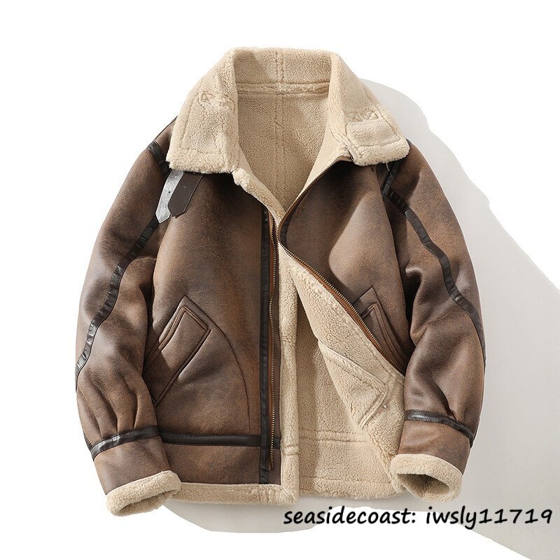 最上級◆超希少 ムートンコート レザージャケット メンズ 厚手 防寒 コート ライダース フライトジャケット 冬新品 ブルゾン ブラウン M拍卖