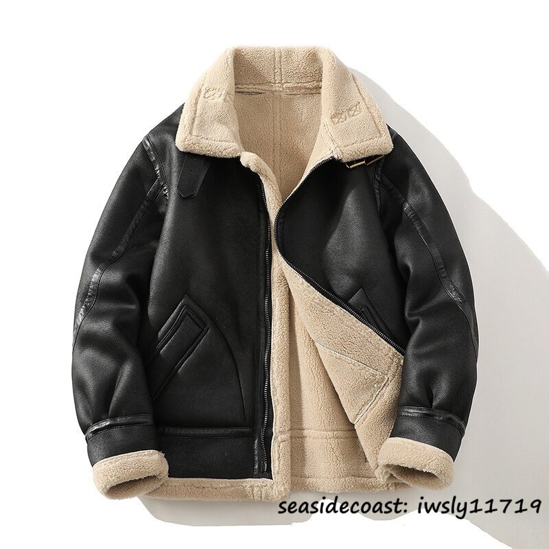 最上級◆超希少 ムートンコート レザージャケット メンズ 厚手 防寒 コート ライダース フライトジャケット 冬新品 ブルゾン ブラック L拍卖