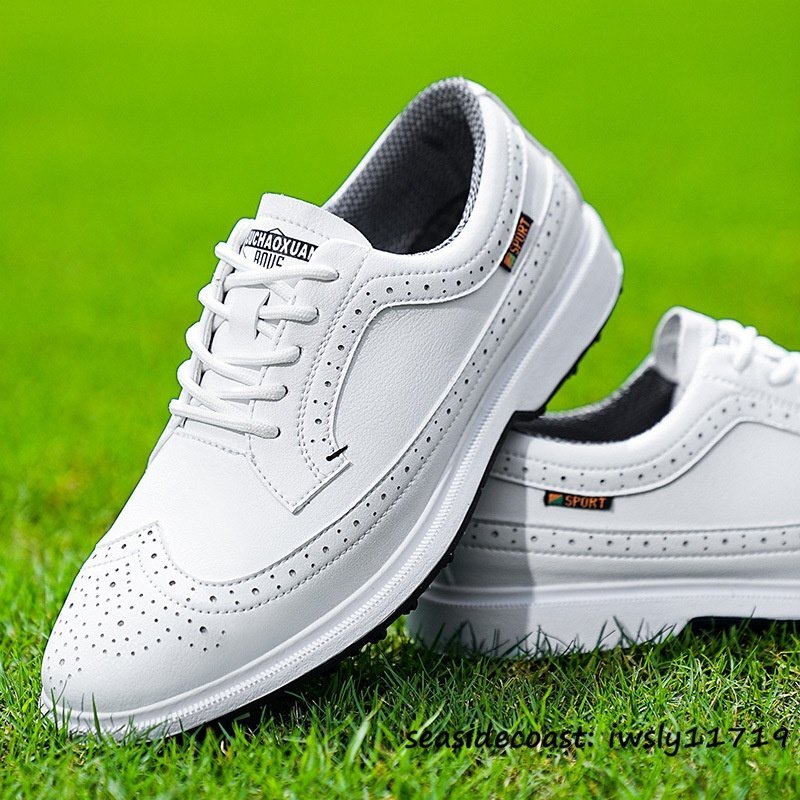 新品◆最高級 ゴルフシューズ メンズ 彫り 手作り 強いグリップ 4E 運動靴 スポーツシューズ 防滑 軽量 フィット感 弾力性 ホワイト 26.5cm拍卖