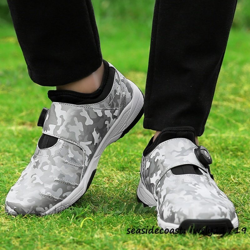 新作 迷彩柄 運動靴 ゴルフシューズ メンズ スパイクレス ダイヤル式 男女兼用 スポーツシューズ 4E 幅広 軽量撥水 通気性 グレー 25.5cm拍卖