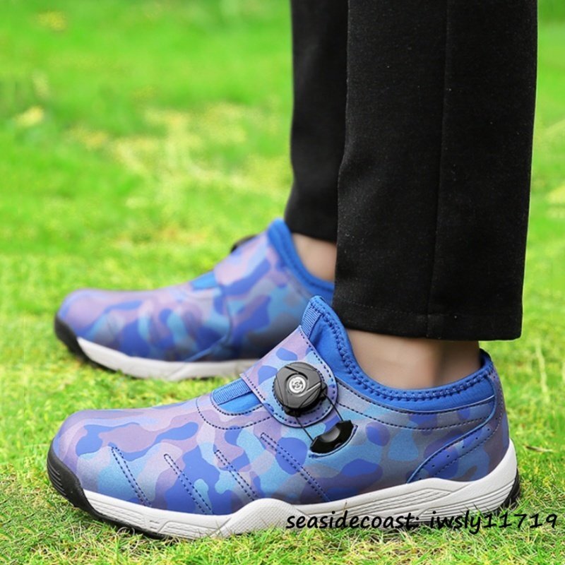 新作 迷彩柄 運動靴 ゴルフシューズ メンズ スパイクレス ダイヤル式 男女兼用 スポーツシューズ 4E 幅広 軽量撥水 通気性 ブルー 27.5cm拍卖