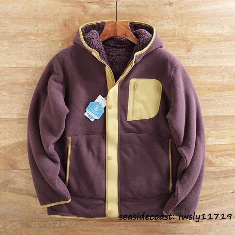 秋冬新品■裏起毛 ボアフリースジャケット メンズ スタンドカラー 配色 切替 フェイクボア ジャケット 厚手 防寒 バイカラー パープル XL拍卖