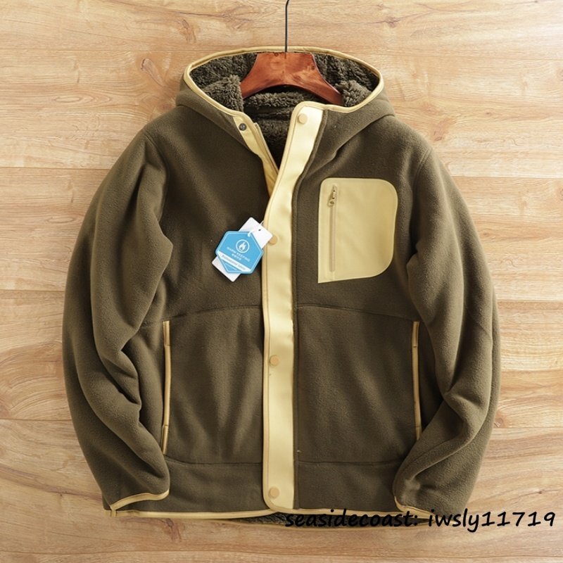 秋冬新品■裏起毛 ボアフリースジャケット メンズ スタンドカラー 配色 切替 フェイクボア ジャケット 厚手 防寒 バイカラー オリーブ 4XL拍卖