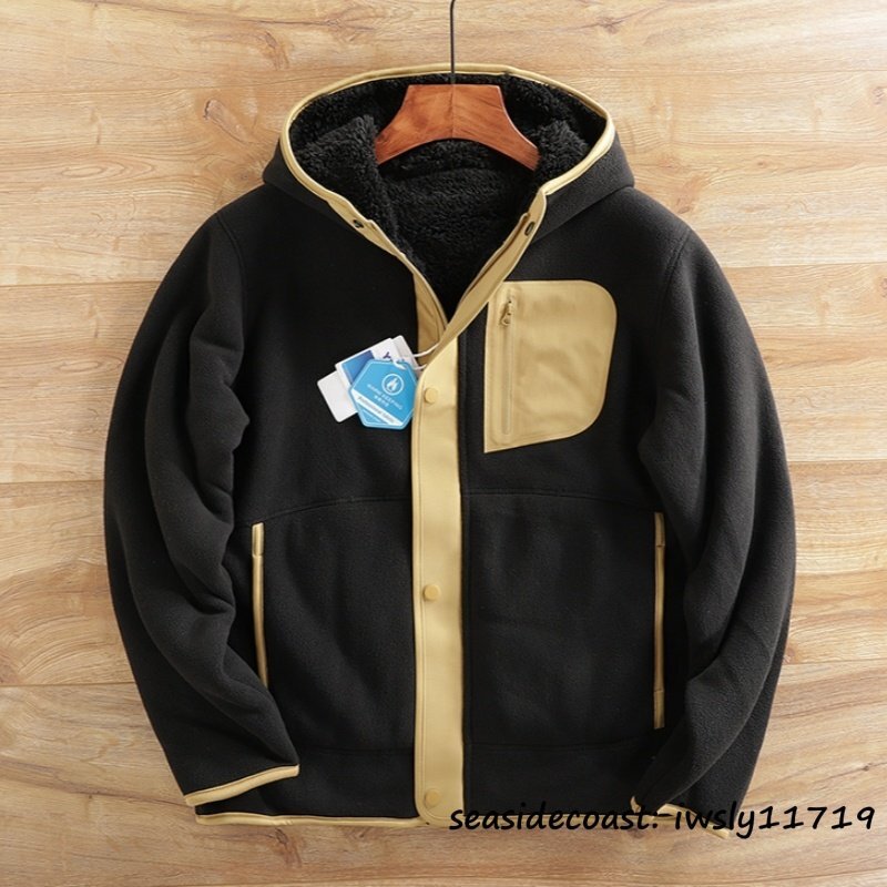 秋冬新品■裏起毛 ボアフリースジャケット メンズ スタンドカラー 配色 切替 フェイクボア ジャケット 厚手 防寒 バイカラー ブラック XL拍卖