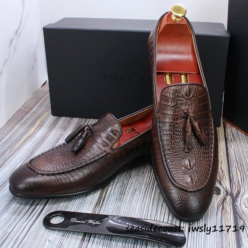 定価10万超★最高級 メンズシューズ 鰐柄 職人手作り ビジネスシューズ 本革レザーシューズ タッセルローファー 牛革 革靴 ブラウン 26.0cm拍卖