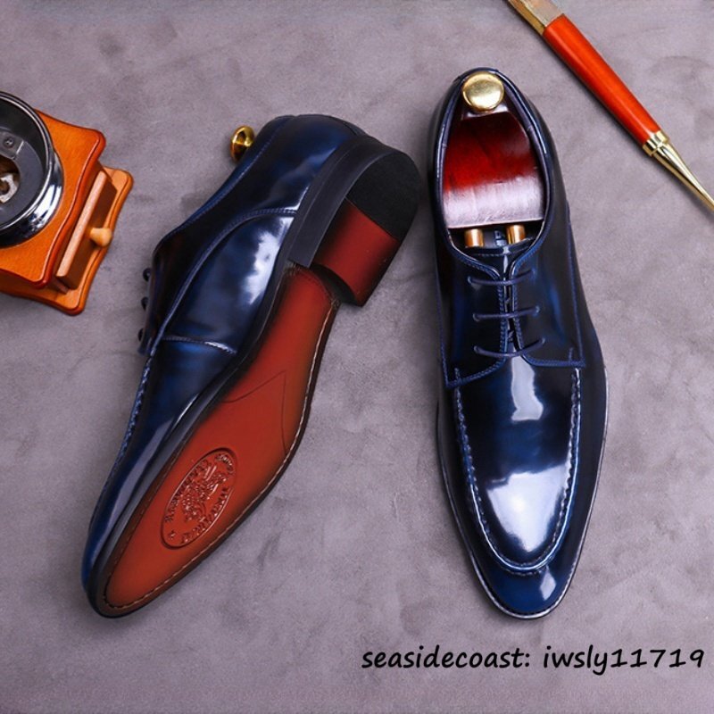 最高級★定価9万 ビジネスシューズ メンズ 本革 レザーシューズ 上質牛革 フォーマル 紳士靴 ヴィンテージ職人手作り 革靴 ブルー 27.0cm拍卖
