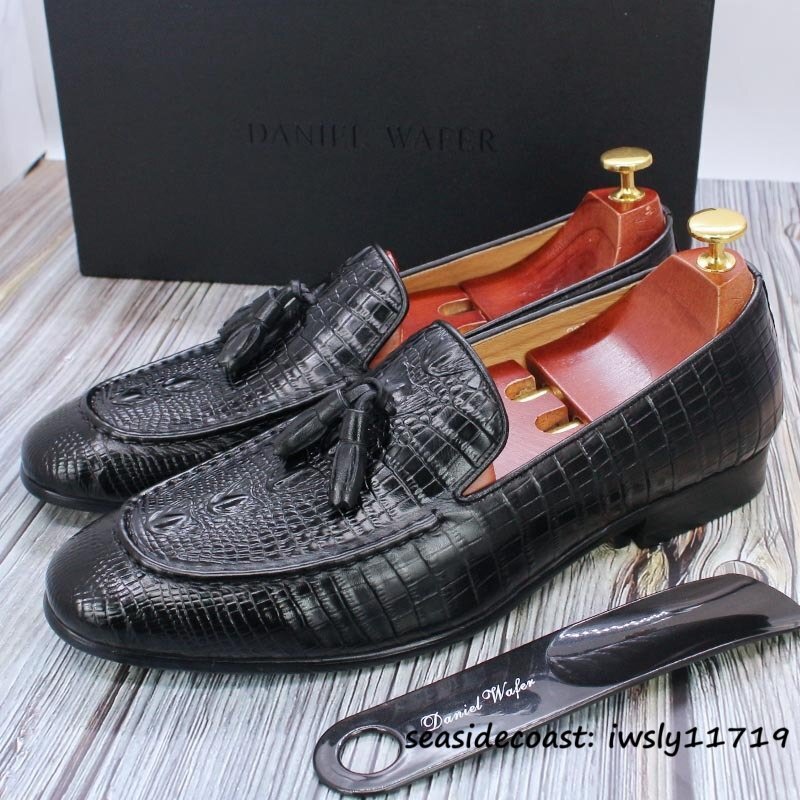 定価10万超★最高級 メンズシューズ 鰐柄 職人手作り ビジネスシューズ 本革レザーシューズ タッセルローファー 牛革 革靴 ブラック 27.5cm拍卖