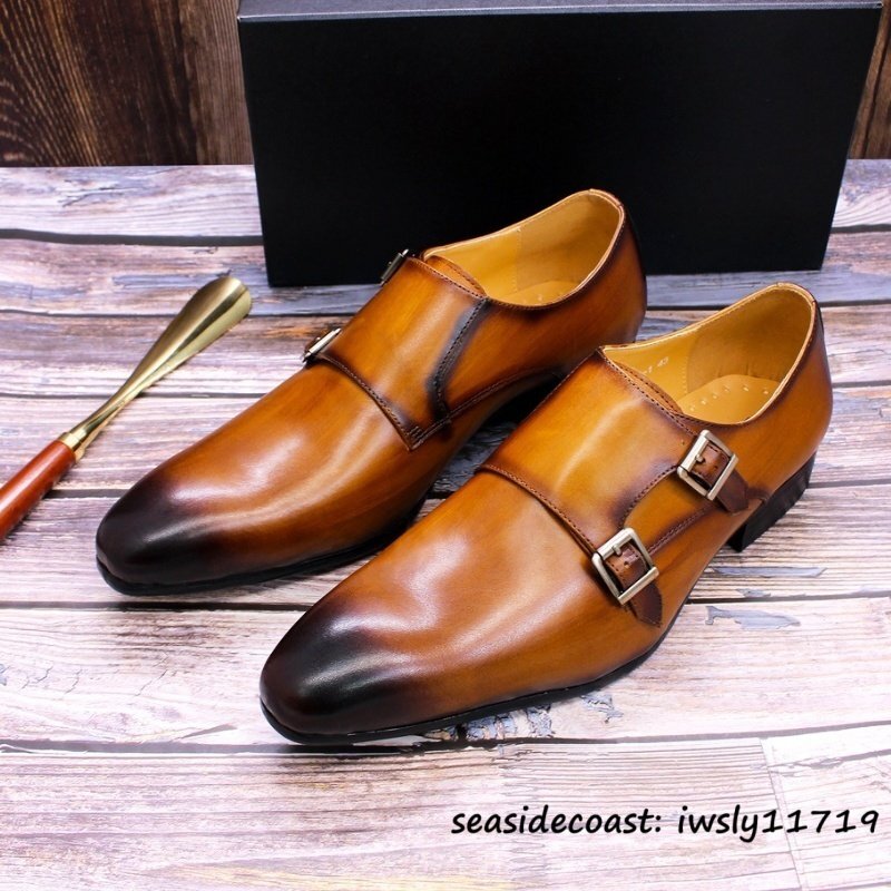 最高級★ダブルモンクストラップ 職人手作り 超希少 レザーシューズ 本革 ビジネスシューズ メンズ 革靴 新品 紳士靴 牛革 ブラウン 26.5cm拍卖