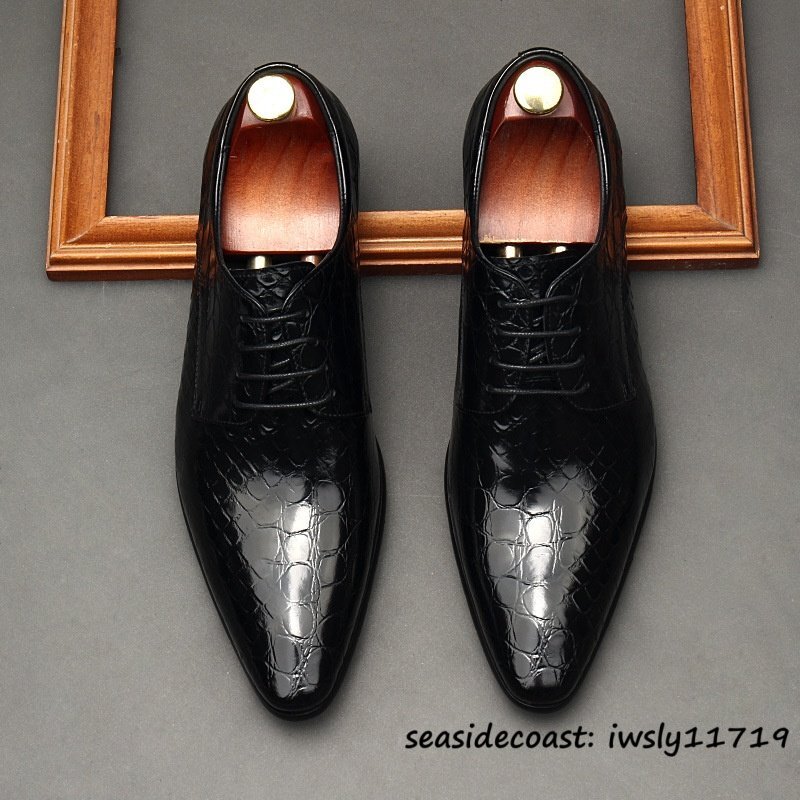 定価10万超★最高級 メンズ ビジネスシューズ 鰐柄 本革 レザーシューズ 牛革 イギリス風 職人手作り 紳士靴 革靴 結婚式 ブラック 27.5cm拍卖
