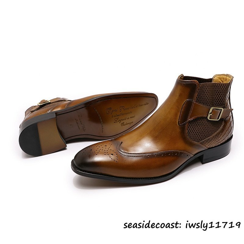 超希少■牛革 マーティンブーツ 鰐柄 エンジニアブーツ ビジネスブーツ メンズ 本革 レザーブーツ 職人手作り 革靴 紳士靴 ブラウン 27.5cm拍卖