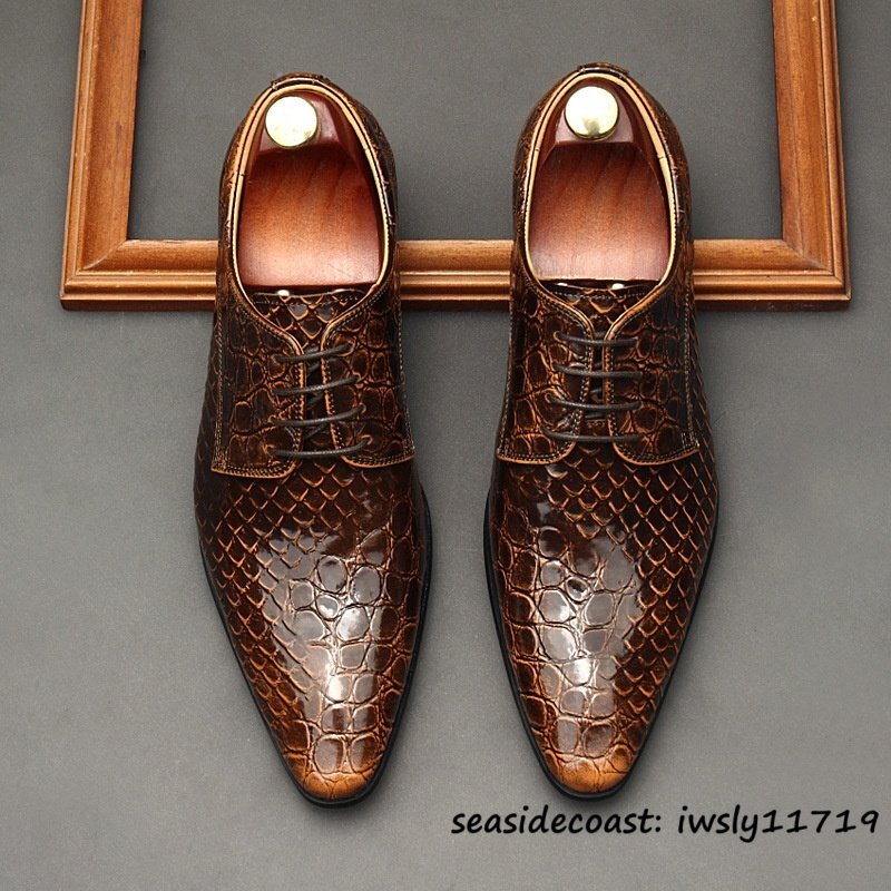 定価10万超★最高級 メンズ ビジネスシューズ 鰐柄 本革 レザーシューズ 牛革 イギリス風 職人手作り 紳士靴 革靴 結婚式 ブラウン 25.0cm拍卖