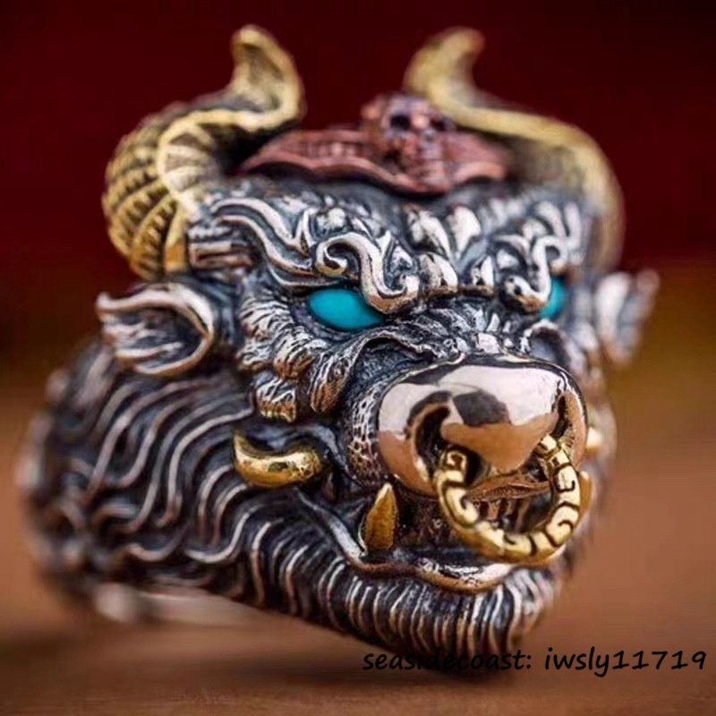 1円~ ◆超希少 指輪 シルバー925 リング 牛 力 ドクロ ドクロ アクセサリー ターコイズ メンズ レディース 男女兼用 サイズ調整可拍卖