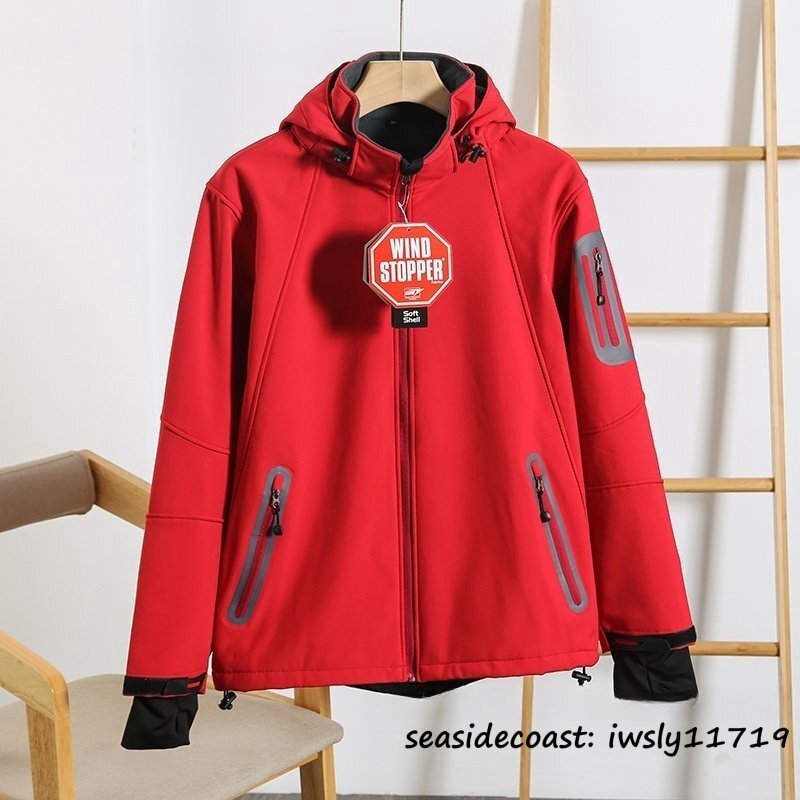 高機能素材★マウンテンパーカ メンズ フード付き 脱着可 裏起毛 ボアジャケット フリース 防風 防寒 防水 男女兼用 アウター レッド M拍卖