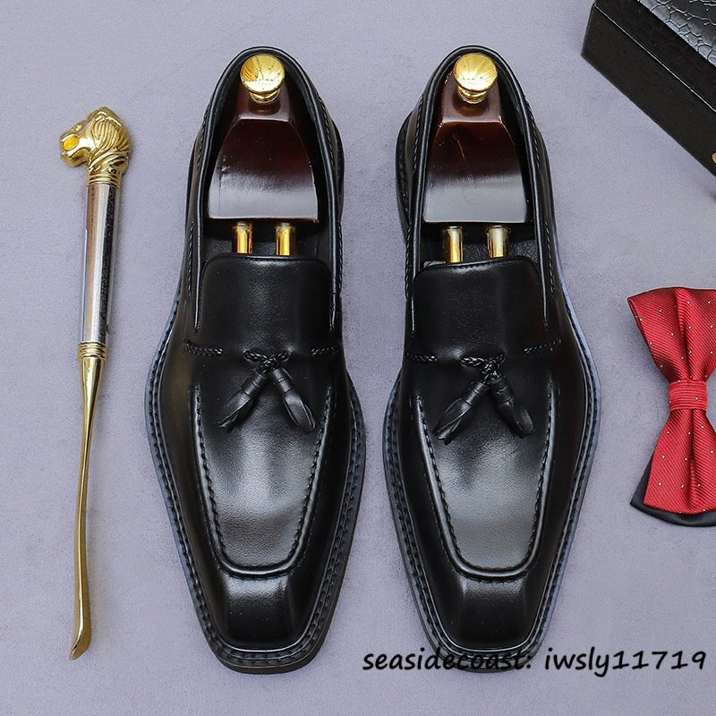 定価9万超■牛革 レザーシューズ 本革 ビジネスシューズ タッセルローファー 職人手塗仕上げ 紳士靴 フォーマル 革靴 新品 ブラック 27.5cm拍卖