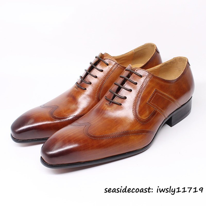 超希少◆定価9万 メンズシューズ ビジネスシューズ 高級牛革 本革レザーシューズ 紳士靴 革靴 職人手作り 彫り フォーマル ブラウン 25.0cm拍卖