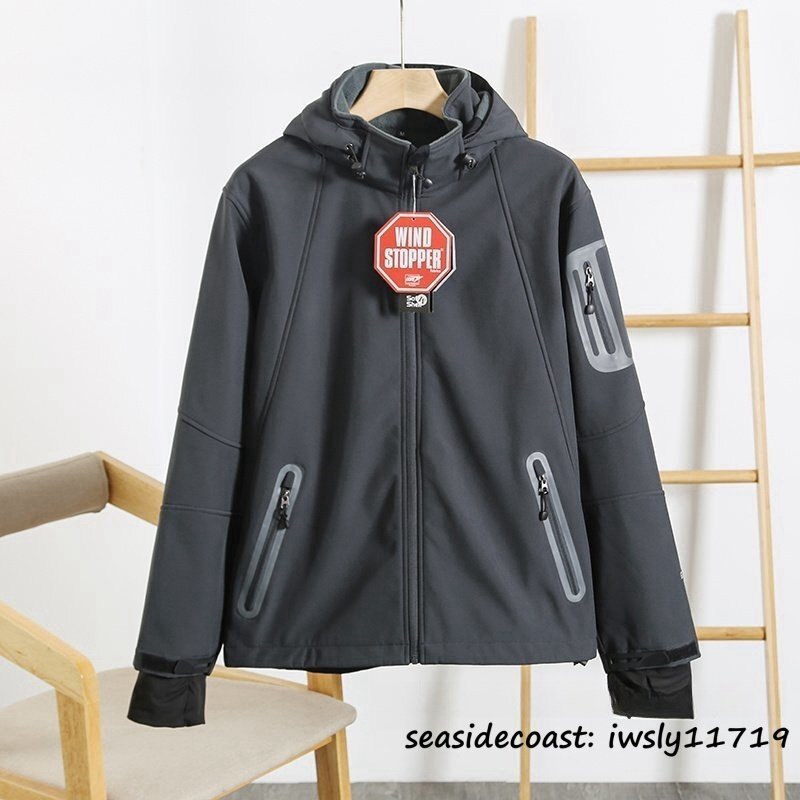 高機能素材★マウンテンパーカ メンズ フード付き 脱着可 裏起毛 ボアジャケット フリース 防風 防寒 防水 男女兼用 アウター グレー L拍卖