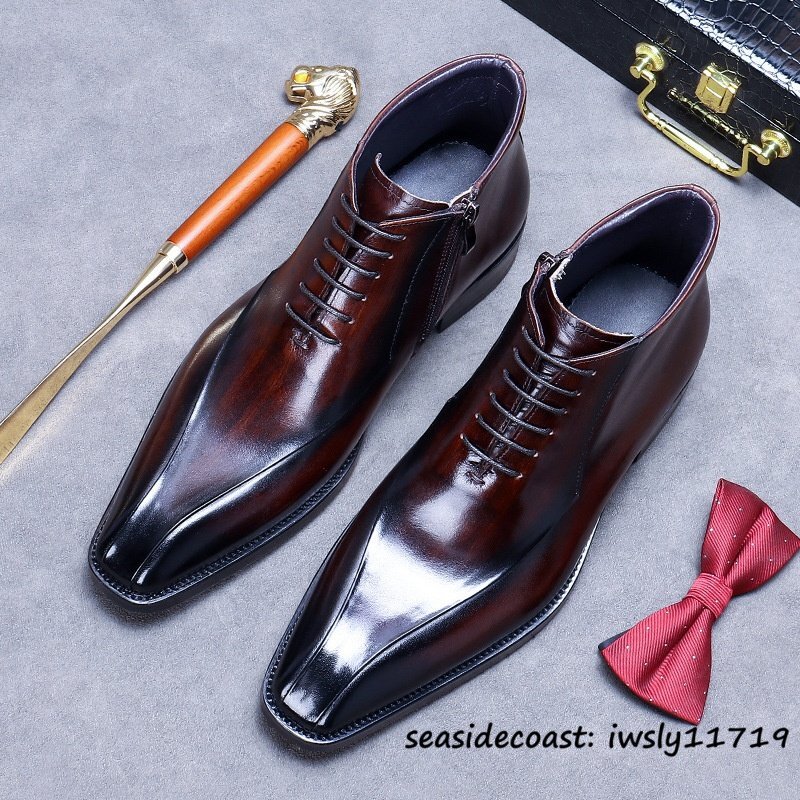 最上級*定価16万 マーティンブーツ 本革 ビジネスブーツ ショートブーツ 職人手作り 牛革 皮靴 レザーブーツ 紳士靴 革靴 珈琲色 25.0cm拍卖