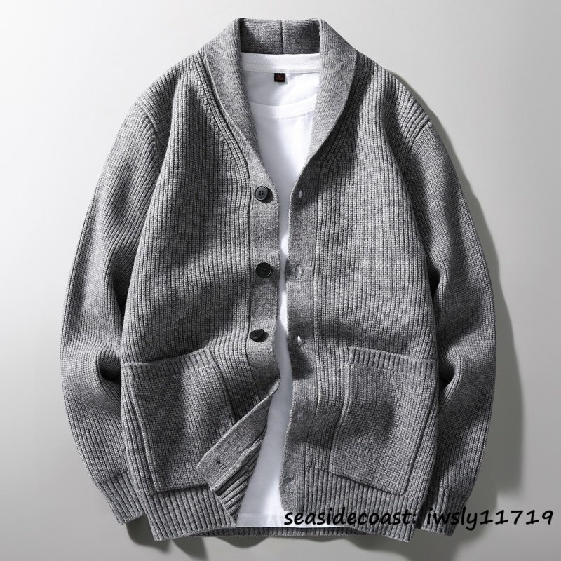 秋冬新品*カーディガン メンズ ウール混 無地 ニット セーター 厚手 防寒 保温 暖かい カジュアル アウター 紳士服 上質 通勤 グレー 3XL拍卖