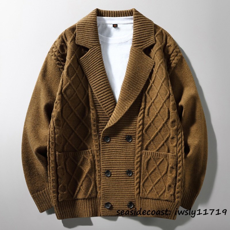 新品■メンズ ニット セーター ウール混 カーディガン 柔らか 秋冬 厚手 保温防寒 暖かい カジュアル ゆったり 開襟 アウター 珈琲色 3XL拍卖
