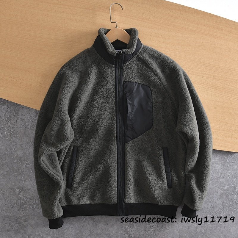 新品■フリースジャケット メンズ 無地 スタンドカラー 裏ボア 厚手 暖かい 防風防寒 モッズコート 秋冬 アウター アウトドア グレー L拍卖