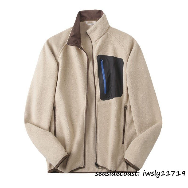 新品*メンズ フリースジャケット 秋冬 厚手 暖かい 防寒 切替 スタンドカラー ブルゾン アウトドア アウター デザイナーズ ベージュ L拍卖