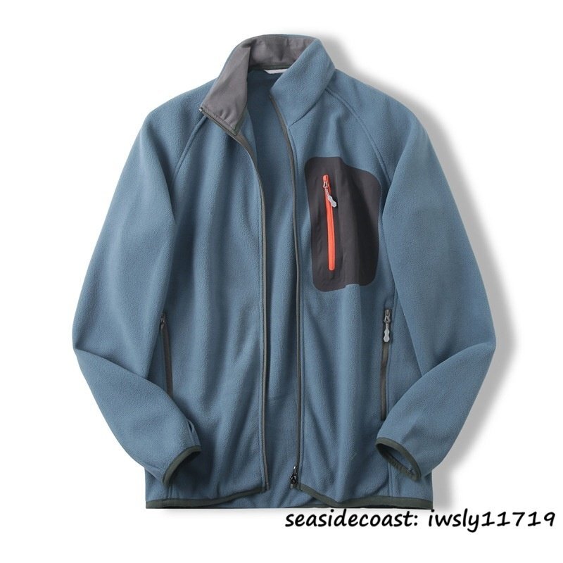 新品*メンズ フリースジャケット 秋冬 厚手 暖かい 防寒 切替 スタンドカラー ブルゾン アウトドア アウター デザイナーズ ブルー L拍卖
