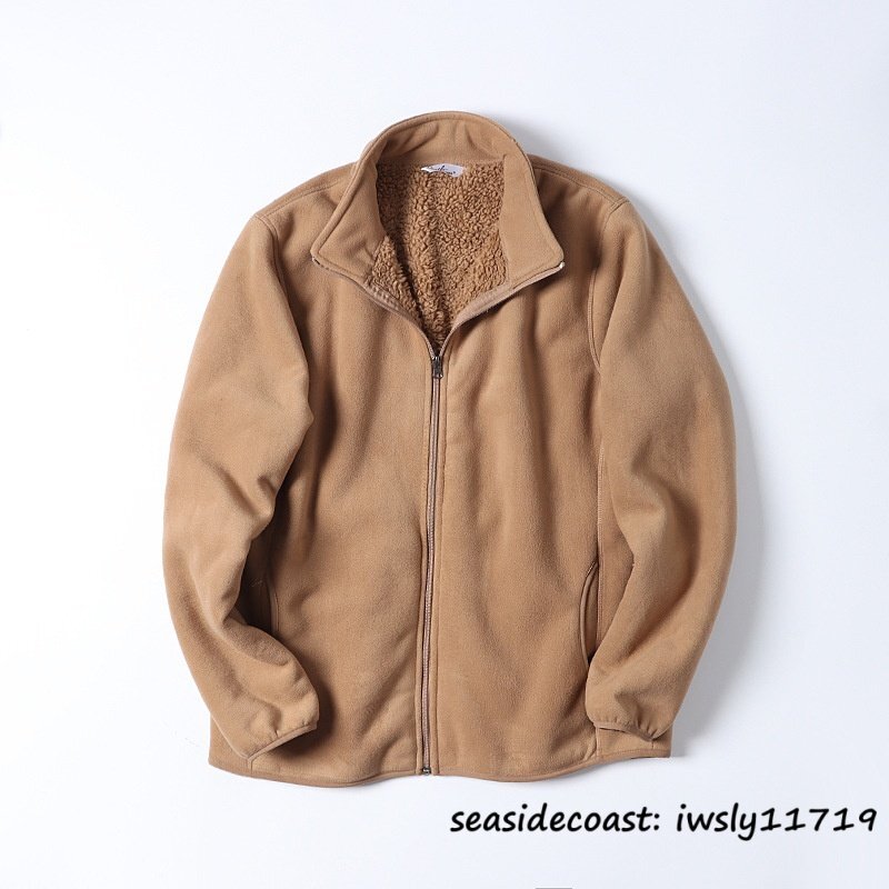 秋冬新品★メンズ スタンドカラー フリースジャケット 裏ボア 厚手 防寒 無地 デザイン ブルゾン アウトドア ゆったり 保温 ブラウン XL拍卖