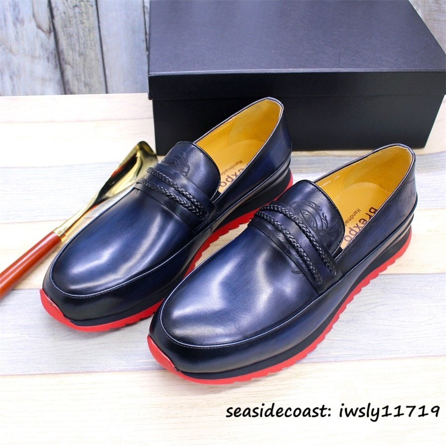 定価9万超◆最高級 ローファー メンズ 本革レザーシューズ ビジネスシューズ 牛革革靴 職人手作り 紳士靴 軽量 スリッポン ブルー 24.5cm拍卖