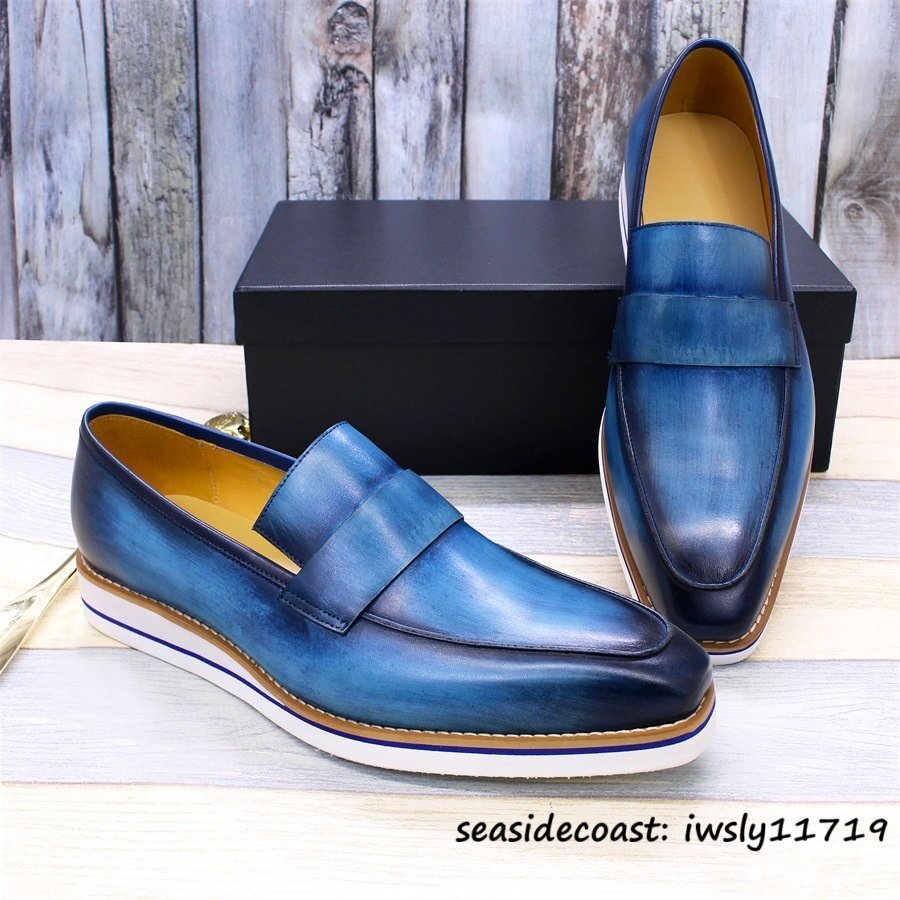 最高級*10万超 メンズ ローファー スリッポン職人手作り 本革 レザーシューズ 牛革 紳士靴ドライビングシューズ 軽量 革靴 ブルー 27.0cm拍卖