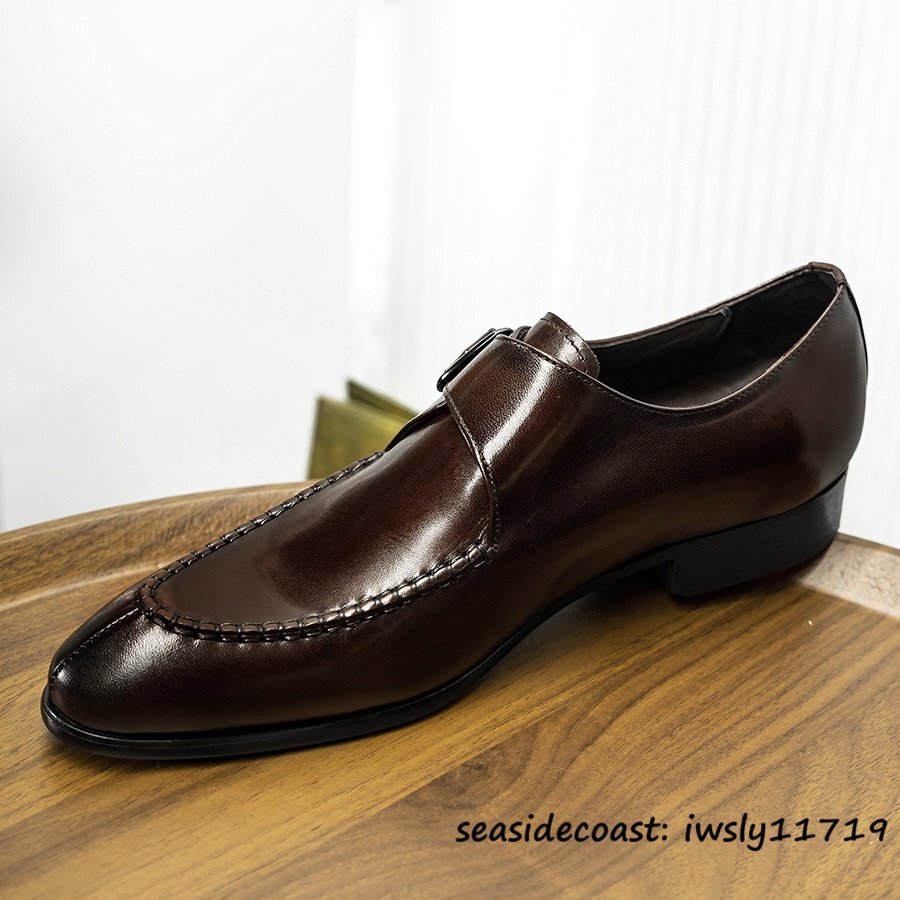 超希少★本革 レザーシューズ 職人手作り ビジネスシューズ メンズ モンクストラップ 革靴 最高級 牛革 紳士靴 フォーマル 珈琲色 25.5cm拍卖