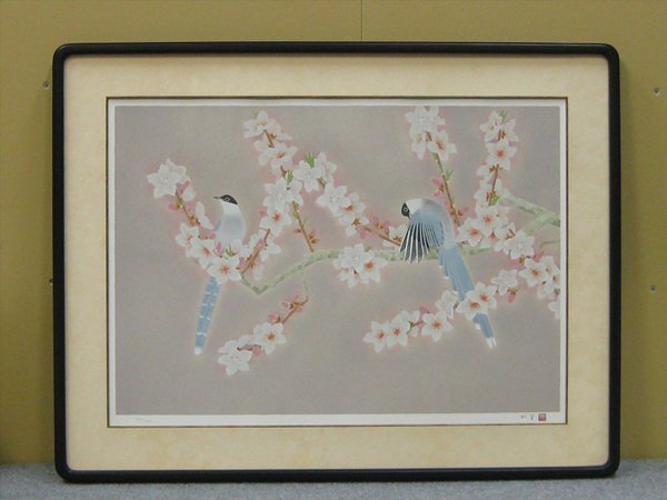 【心庵】額装 上村松篁「桃花」花鳥図 15号/シルクスクリーン 直筆サイン 限定 紙タトウ付 SK125拍卖