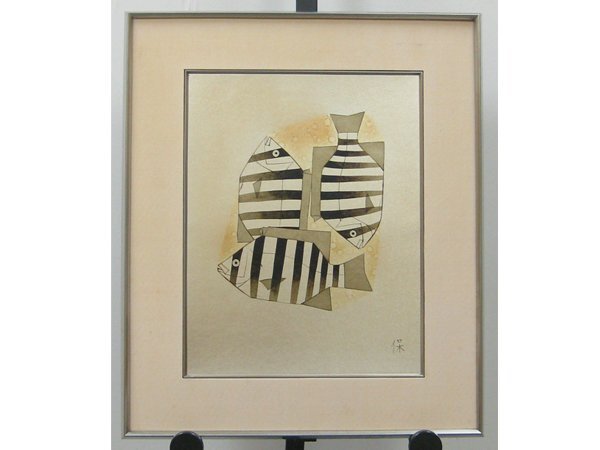 【心庵】額装 尾長保 漆絵「いそ」魚図/肉筆 共シール タトウ付 真作 富山県氷見市 B110拍卖