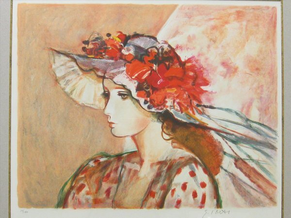 【心庵】額装 今井幸子「ノスタルジー」美人画/リトグラフ 画寸50.5×62cm 紙箱付 人気女性作家 A1466拍卖