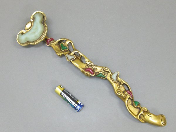 【心庵】時代物 銅製 鍍金 玉貴石付/如意 密教 B027拍卖