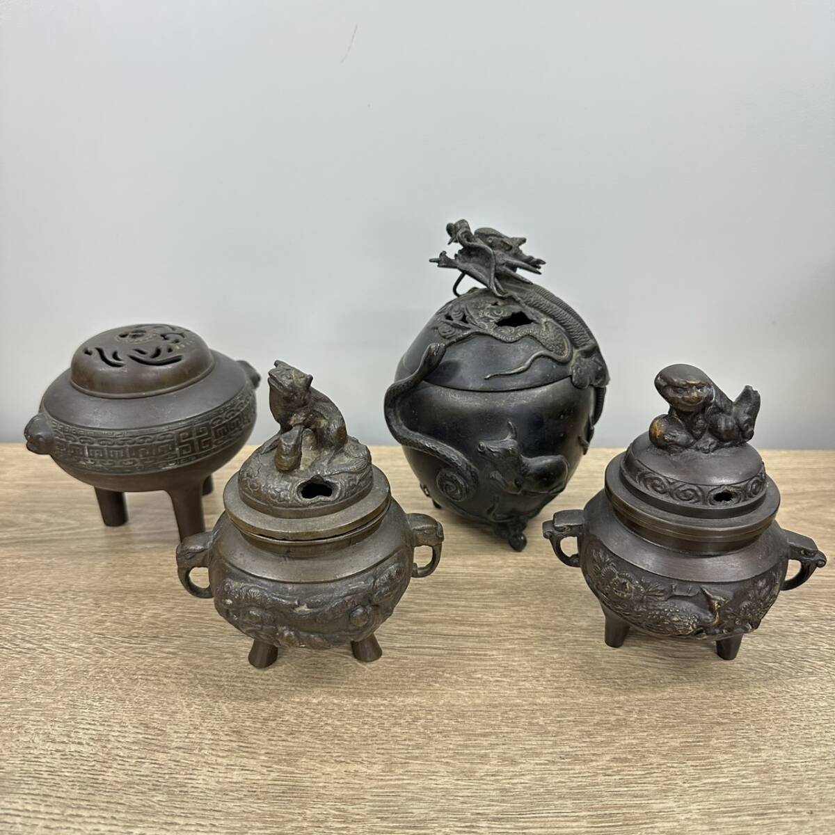 香炉 4点まとめ 3足 龍 獅子 金属工芸品 香道具 骨董 古美術 古道具 青銅 アンティーク 時代物拍卖