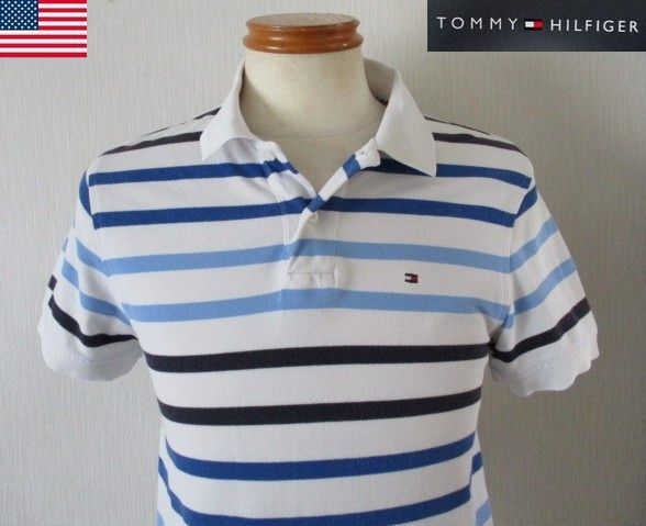 ★ メンズ トミーヒルフィガー TOMMY HILFIGER コットン ボーダー柄 半袖 ポロシャツ US S 日本Mサイズ ネイビー×ブルー×ホワイト 拍卖