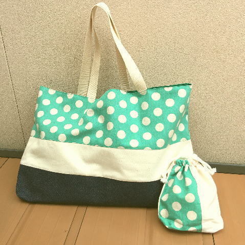 入学、入園!2100円ペパーミントドットレッスンバッグと巾着袋のセット【手作り小物】拍卖