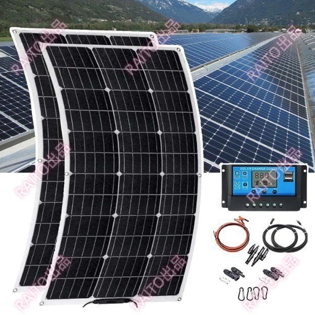 セミフレキシブルソーラーパネルキット(150W/300W)、18Vソーラーパネル、充電コントローラー(40A)、 家庭用屋外RV車用300W bhw035拍卖