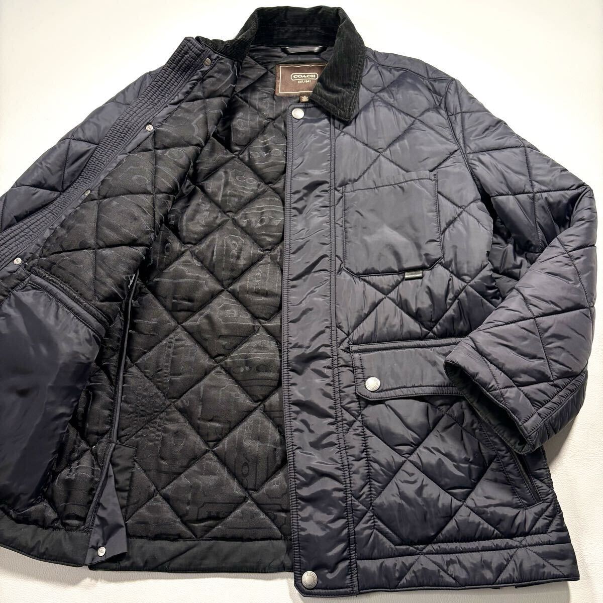 極暖!! L相当!! コーチ COACH 中綿 ネイビー キルティングジャケット 襟コーデュロイ 切替 裏地 ロゴ総柄 メンズ ブルゾン アウター 秋冬拍卖