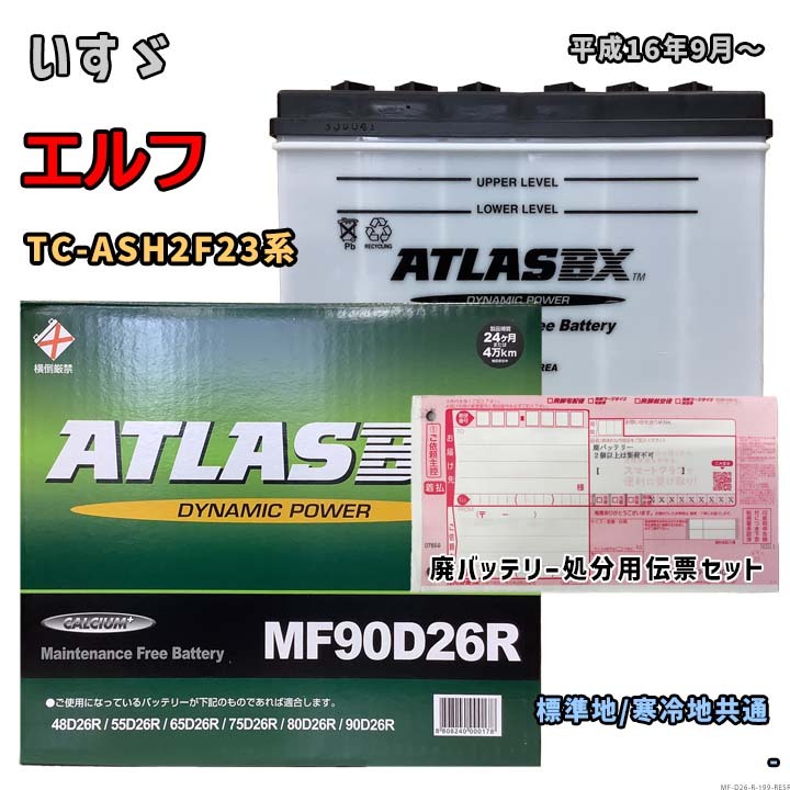 バッテリー ATLAS MF90D26R 廃バッテリー回収サービス付 いすゞ エルフ TC-ASH2F23系 平成16年9月~ 対応 D26R 互換 199拍卖