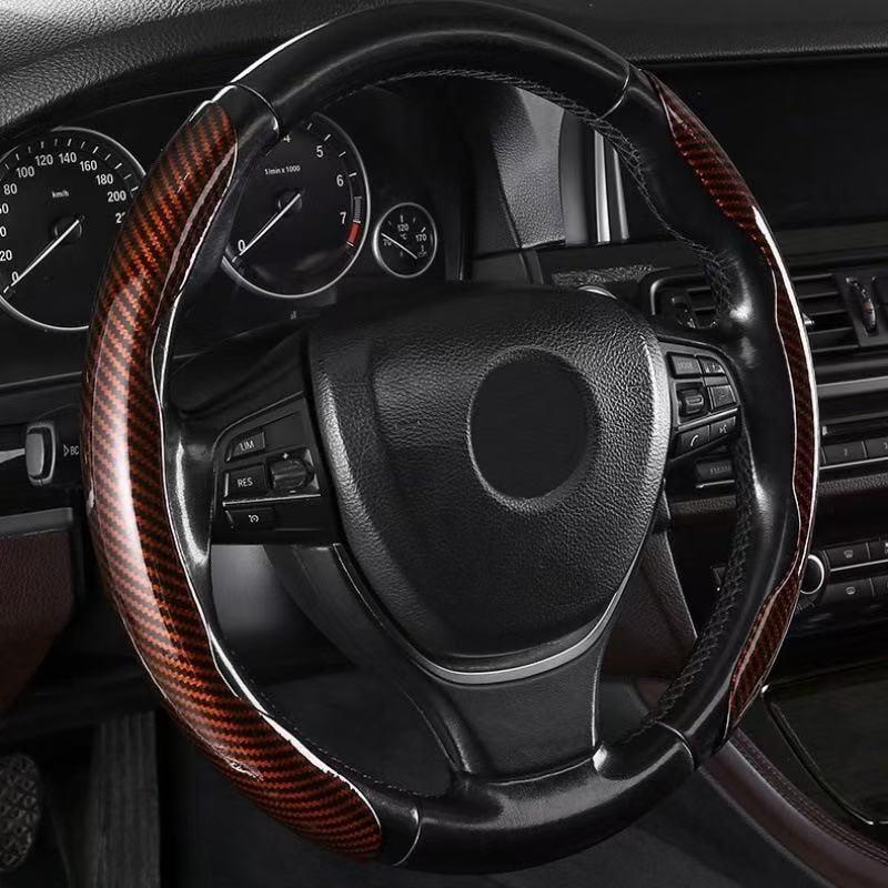 ハンドルカバー クイックカーボン 取付簡単 ノンスリップ ブラウン ステアリンカバー 保護カバー拍卖