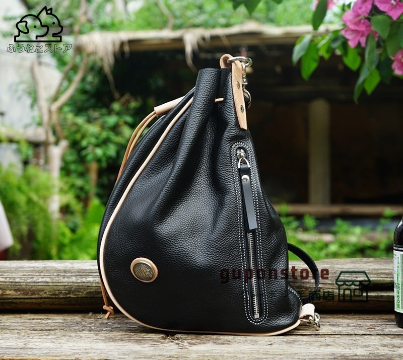 メンズバッグ 本革 ボディバッグ ワンショルダーバッグ 斜めがけ 肩掛け 牛革 シュリンクレザー ブラック ロップ型 AMWYY-MB-128拍卖