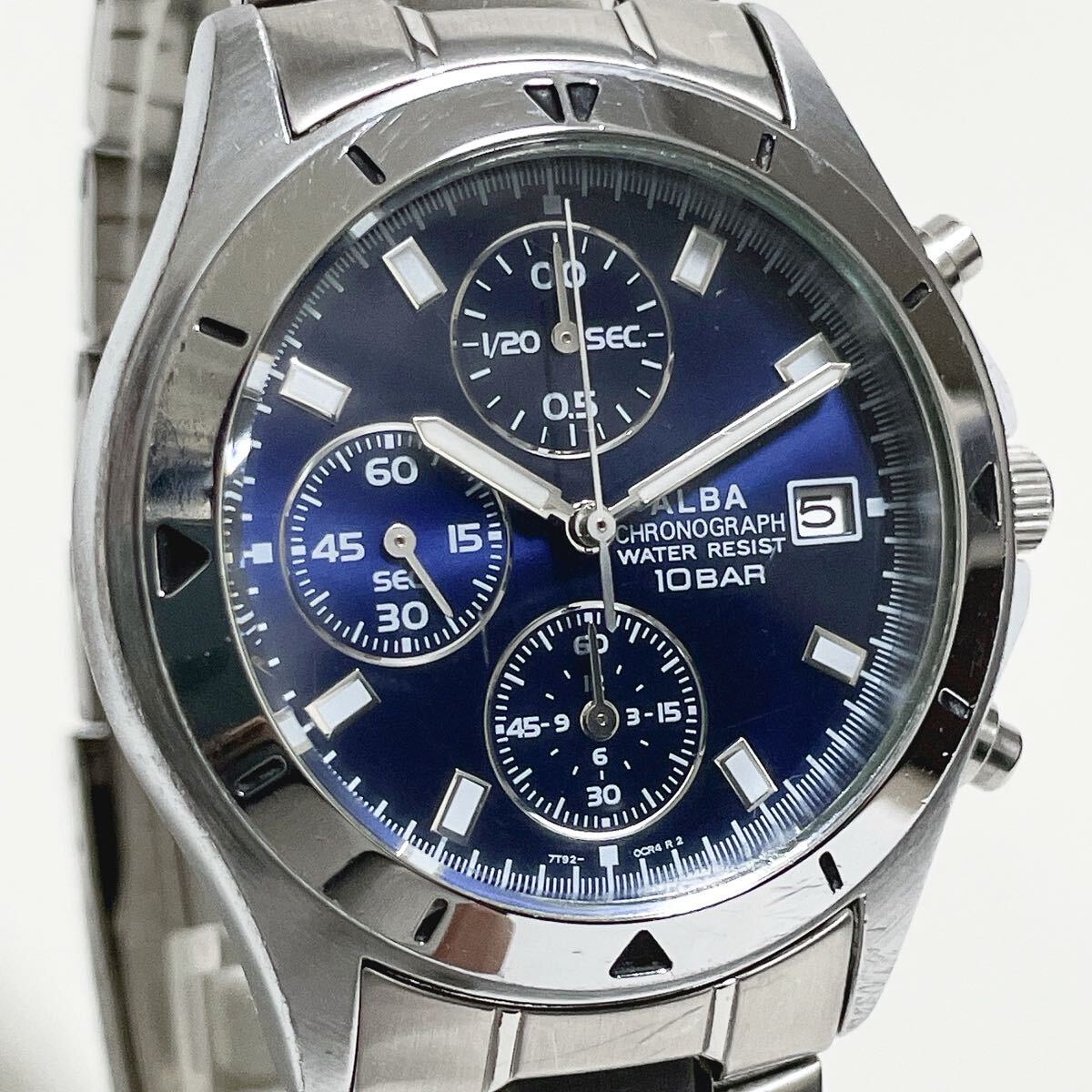 稼働品 SEIKO ALBA セイコー アルバ CHRONOGRAPH クロノグラフ 7T92-0CV0 デイト 青/ブルー文字盤 シルバー QZ メンズ腕時計 純正ベルト拍卖