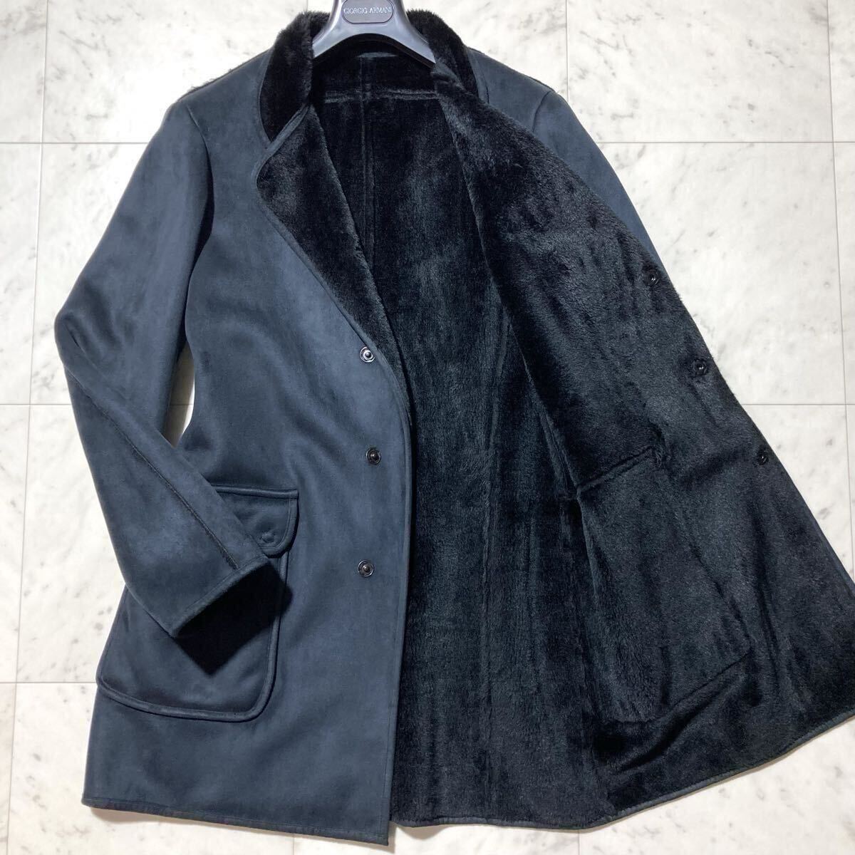 エンポリオアルマーニ【最高峰!!!圧倒的高級感!!!】EMPORIO ARMANI ムートンコート チェスター ボア ファー ロング◎極暖 M 46 ブラック 黒拍卖