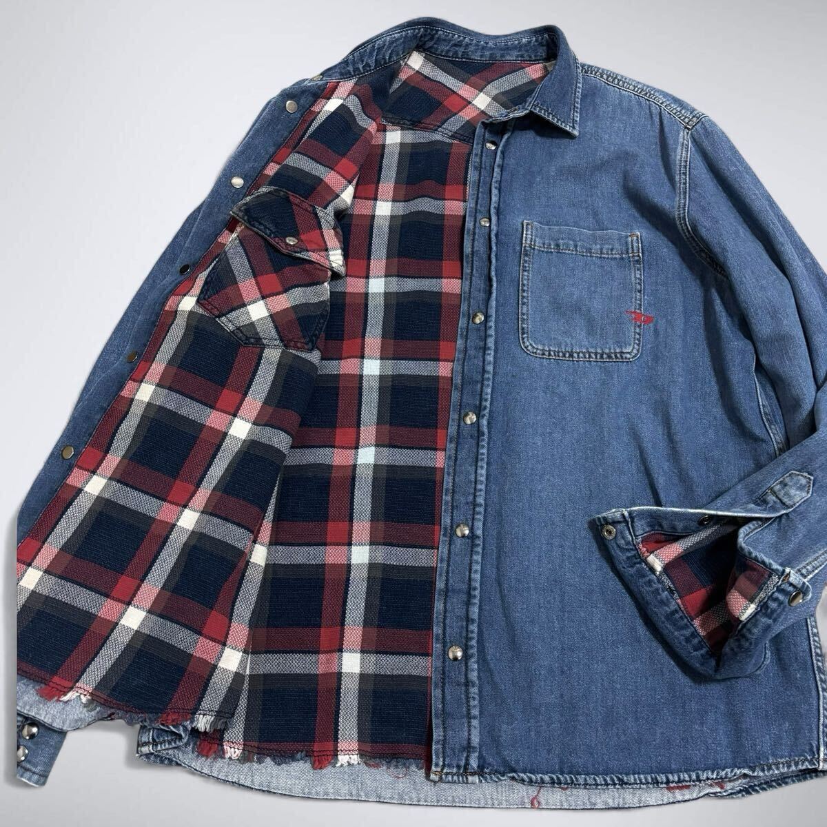 美品 雰囲気良い Lサイズ ◎ DIESEL ディーゼル Dロゴ刺繍 長袖シャツ デニムシャツ チェックシャツ リバーシブル インディゴ メンズ 紳士拍卖