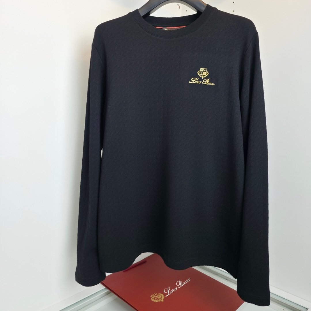 ブラックL★送料無料★ロロピアーナLoro Piana★メンズウール混 長袖Tシャツ, ビジネスカジュアル, 刺繍ロゴ入り, クルーネック拍卖
