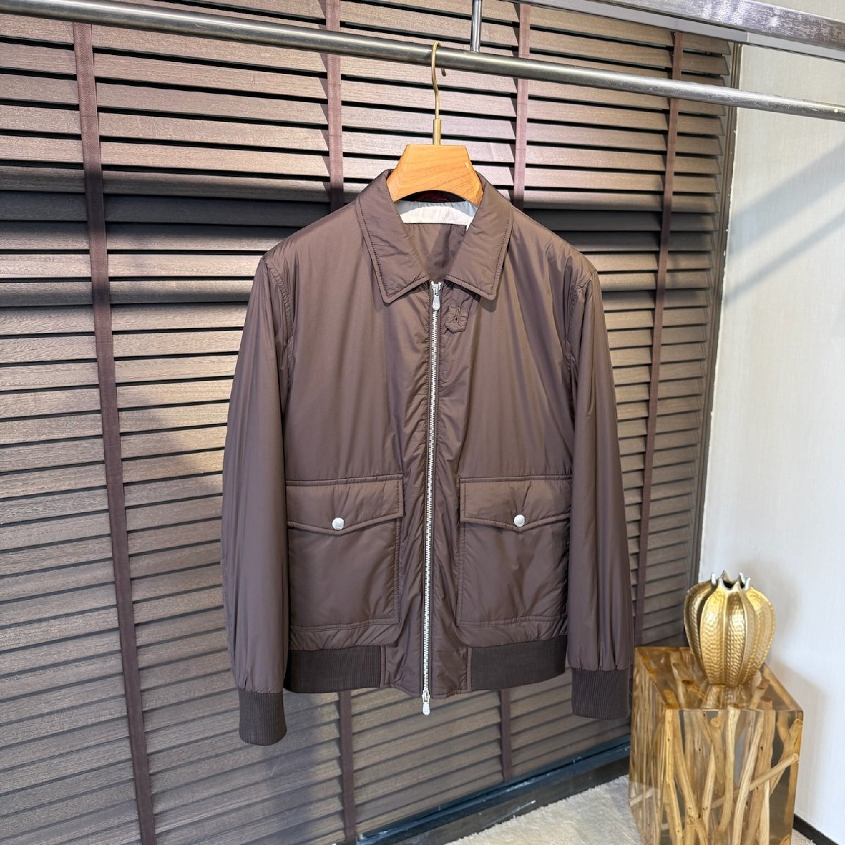 コーヒーL★送料無料★ブルネロクチネリ★メンズハリントンジャケット, 防風防水ライトパデッド コットンブレンド, ビジネスカジュア拍卖