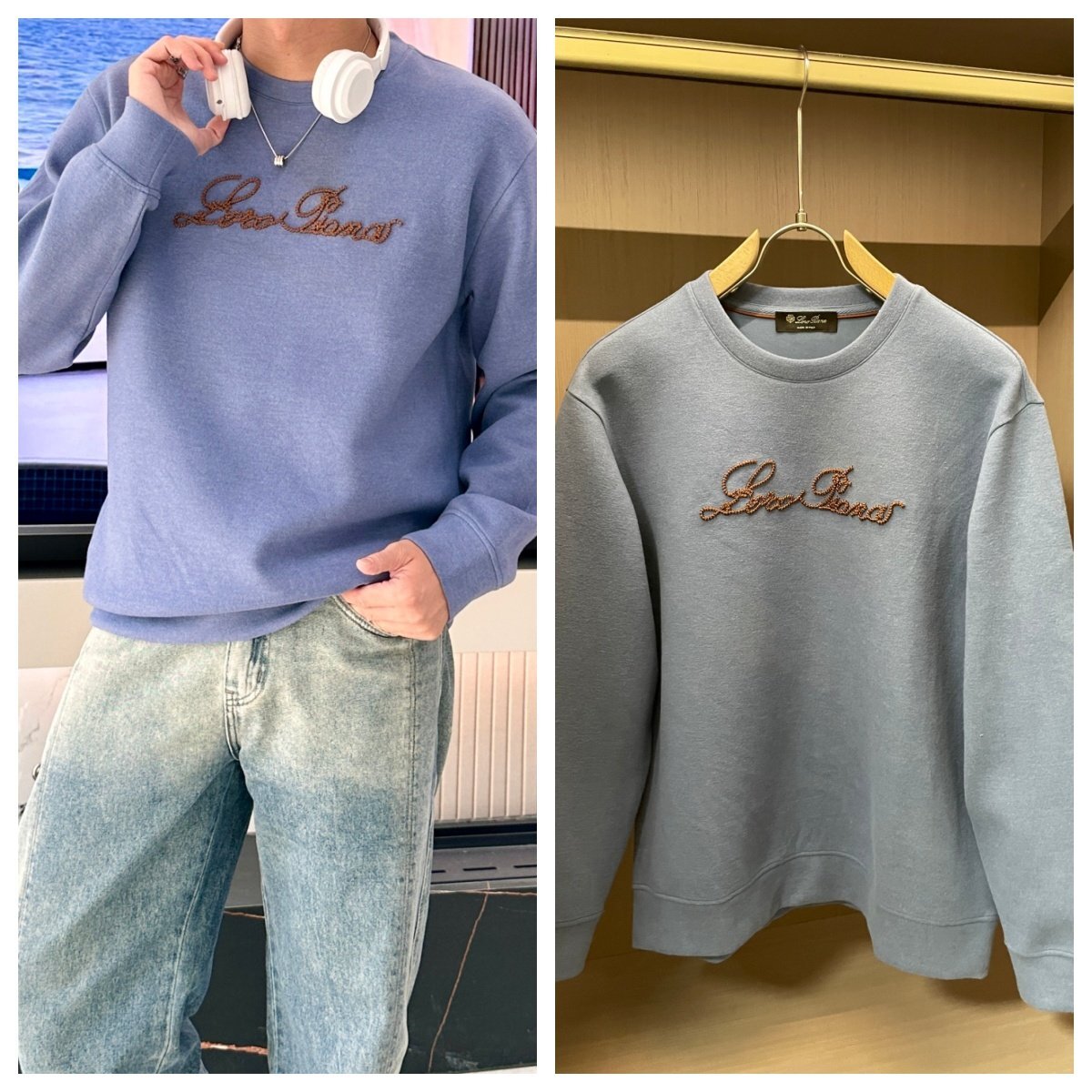 グレーブルーM【送料無料】Loro Pianaロロピアーナメンズ 刺繍入りスウェット , クルーネック, カジュアル長袖トレーナー拍卖